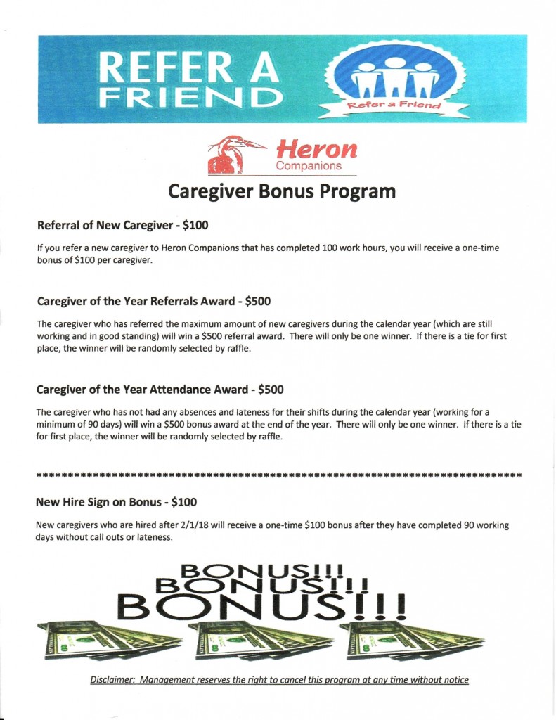 Refer A Friend Caregiver Bonus Program Heron Companions